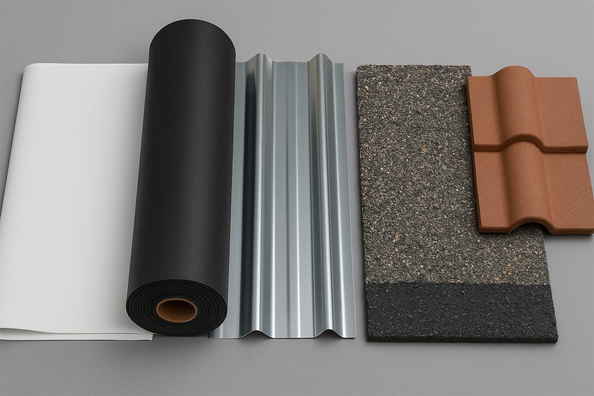 Various commercial roofing materials including single-ply membranes, metal sheets, and asphalt shingles, displayed on a neutral background for roofing replacement options.