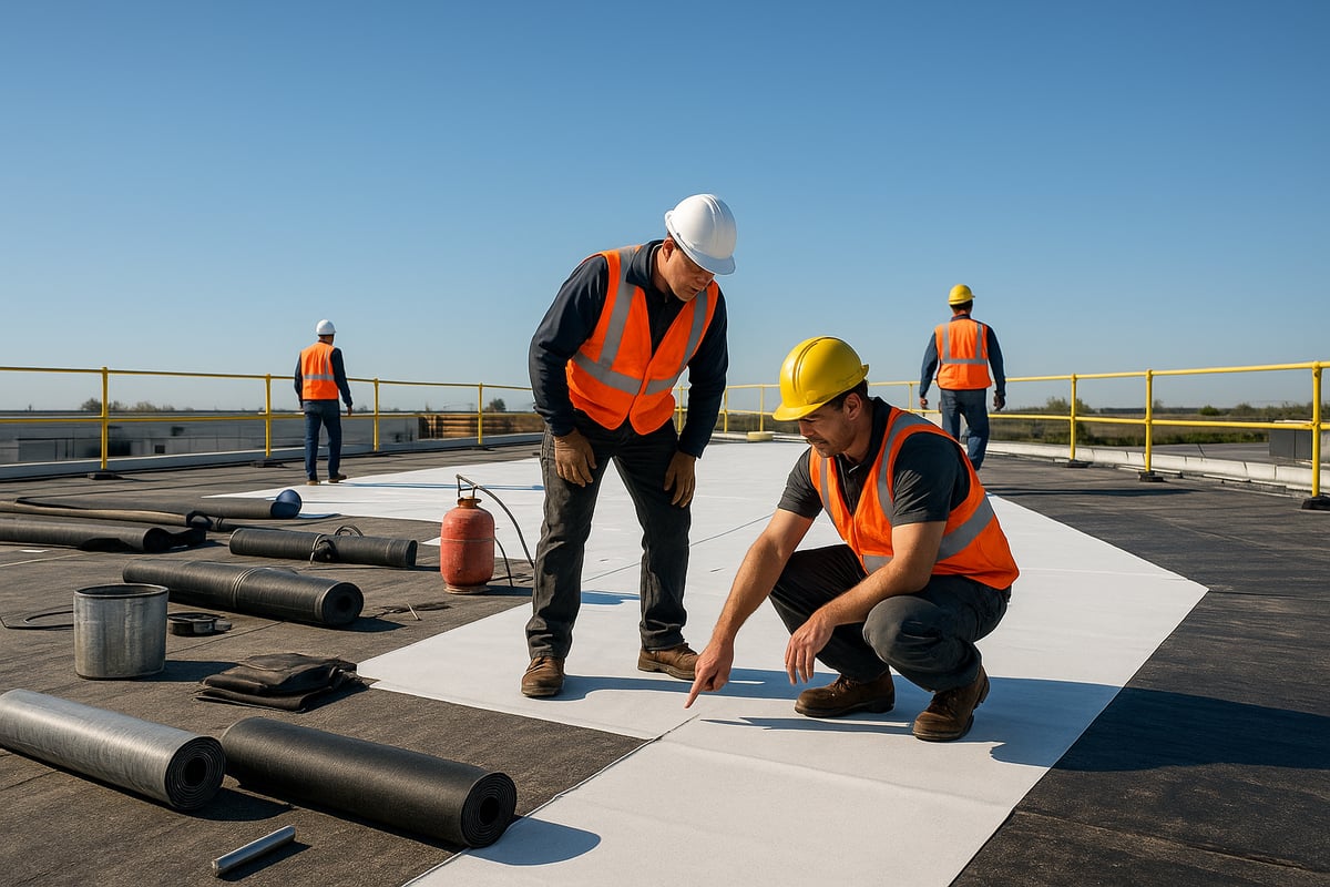 Two contractors in safety vests and hard hats inspecting roofing materials on a commercial building, with rolled roofing and tools visible, illustrating the commercial roofing replacement process.