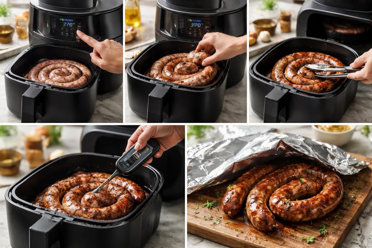 Step-by-step boerewors air frying process
