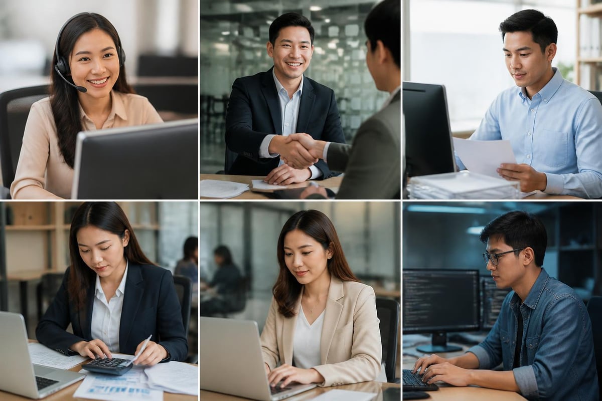 Diverse professionals engaged in offshore BPO activities, including customer service, sales meetings, and back-office operations, highlighting operational efficiency and collaboration.