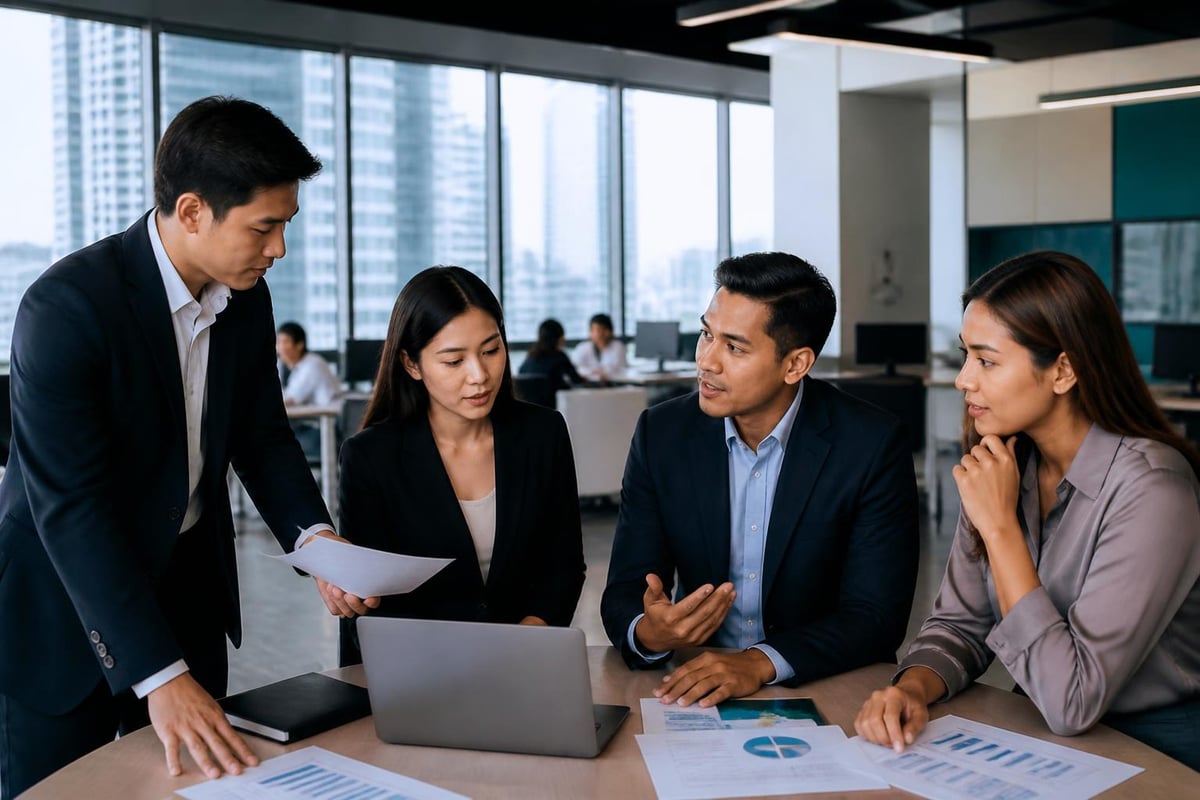 Business professionals collaborating at a conference table, discussing process documentation and BPO strategies, with charts and reports visible, in a modern office setting.
