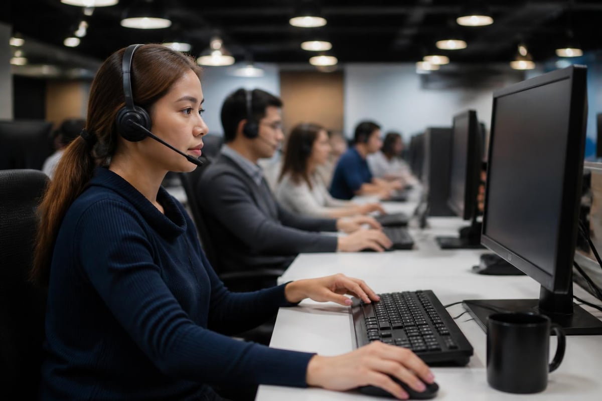 Woman using computer in a modern call center environment, showcasing cloud-based contact center operations with multiple agents engaged in customer service tasks.