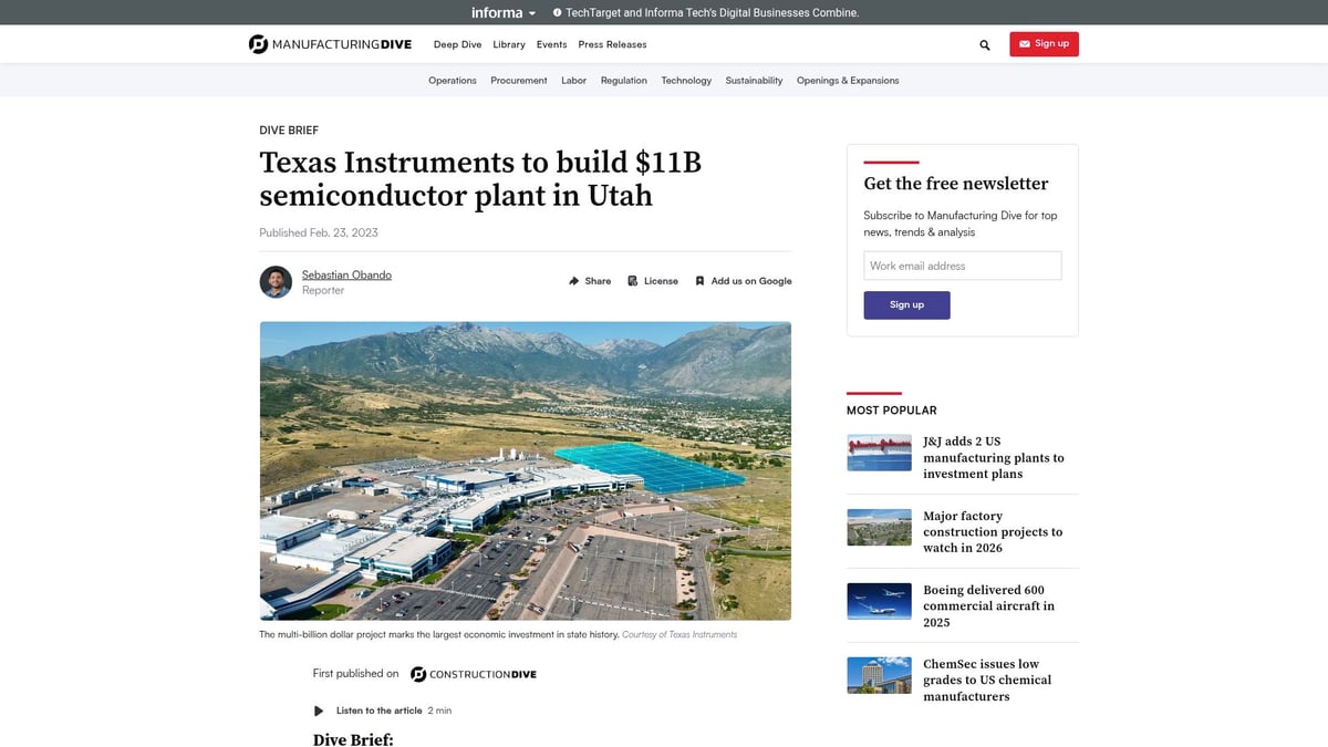 Top 8 Innovative Manufacturing Projects to Watch in 2026 - Texas Instruments $11B Semiconductor Fab, Utah