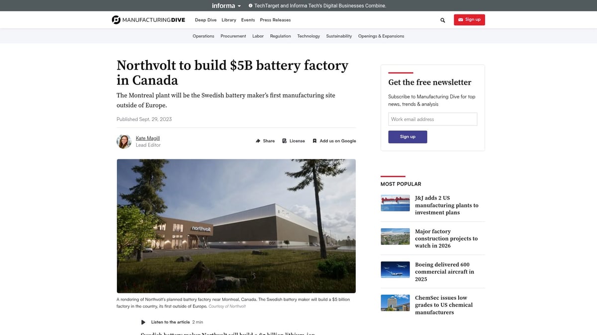 Top 8 Innovative Manufacturing Projects to Watch in 2026 - Northvolt $5B Battery Gigafactory, Quebec