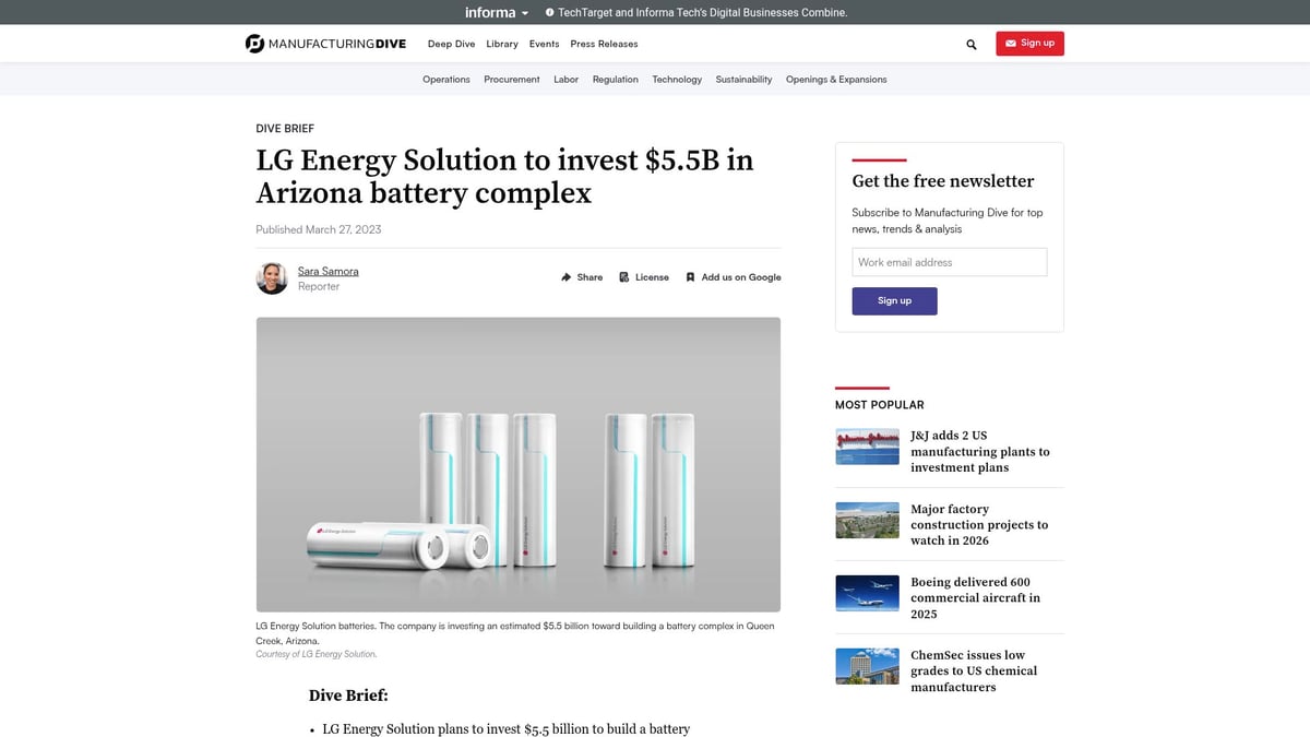 Top 8 Innovative Manufacturing Projects to Watch in 2026 - LG Energy Solution $5.5B Battery Complex, Arizona