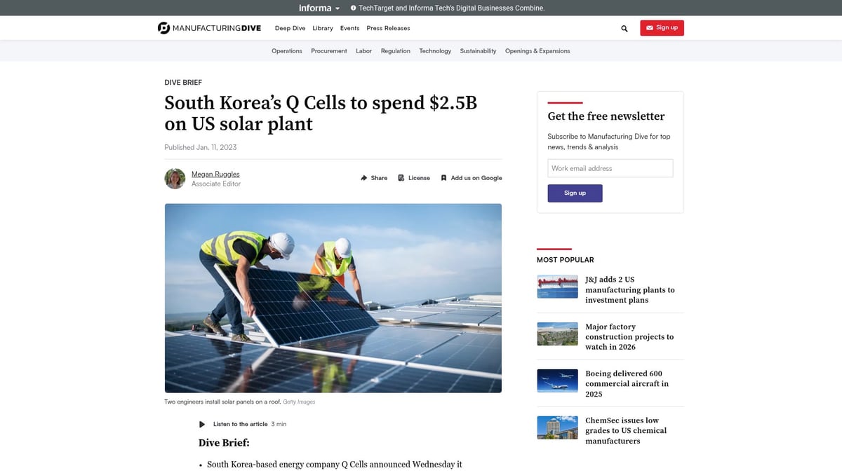 Top 8 Innovative Manufacturing Projects to Watch in 2026 - Hanwha Q Cells $2.5B Solar Manufacturing Plant, Georgia