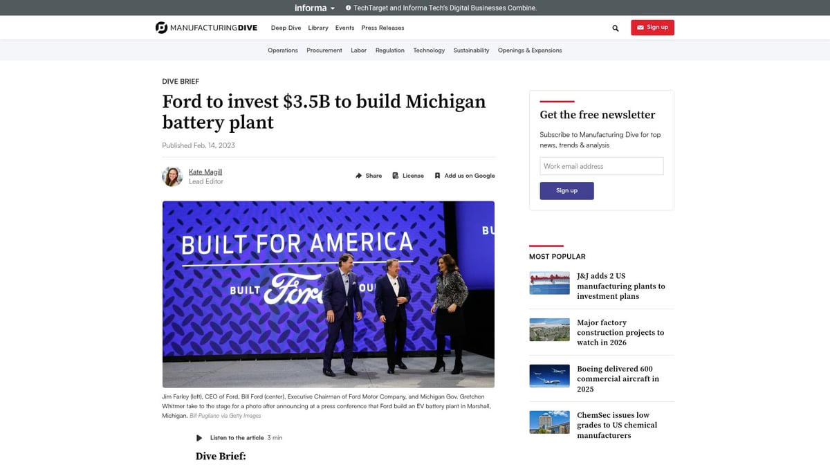 Top 8 Innovative Manufacturing Projects to Watch in 2026 - Ford $3.5B LFP Battery Plant, Michigan