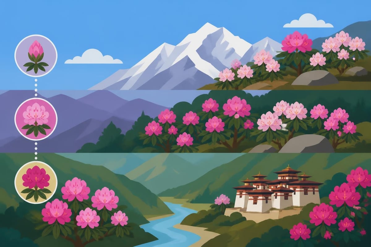 Spring rhododendron blooms in Bhutan valleys