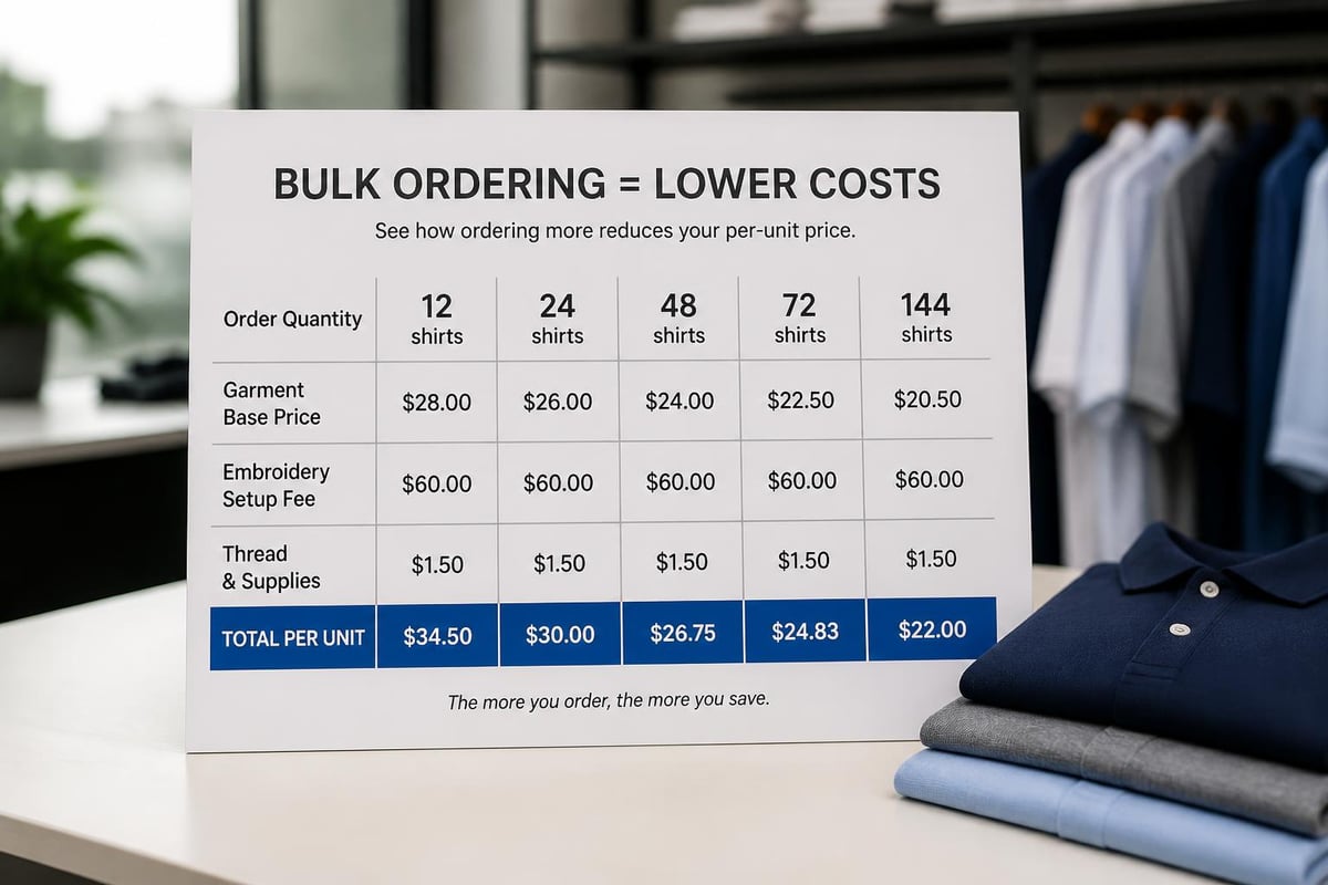 Cost breakdown for embroidered polo shirts