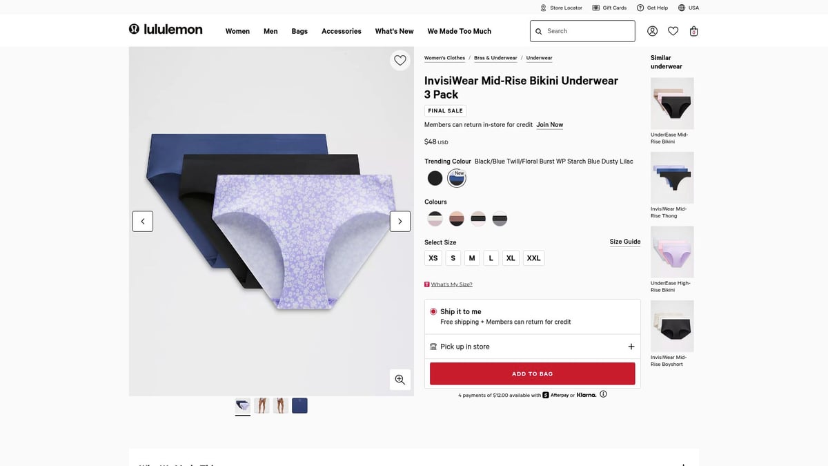 8 Best Underwear to Wear With Leggings in 2025 - Lululemon InvisiWear Mid-Rise Bikini Underwear