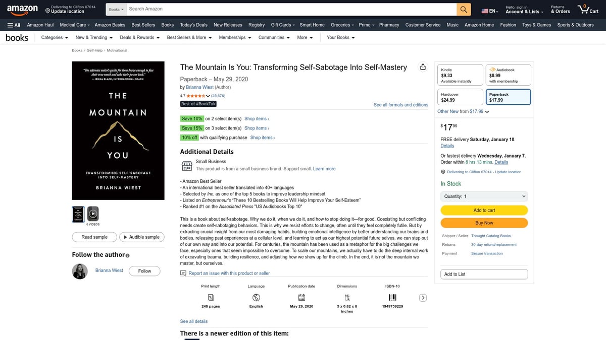 Top 10 Books on Self Improvement to Read in 2026 - The Mountain Is You by Brianna Wiest