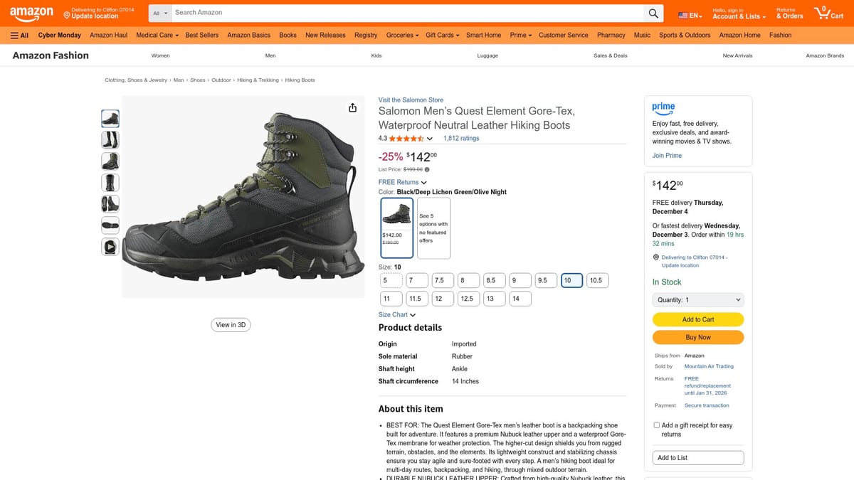 Top 10 Outdoor Gear Black Friday Deals to Grab in 2026 - Salomon Quest Element GTX Boots