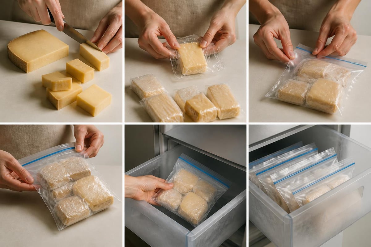 Käse wird in Frischhaltefolie eingewickelt