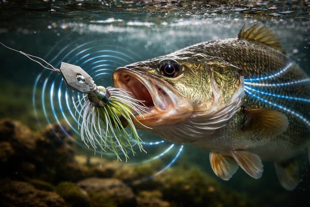Chatterbait blade vibration triggering bass strikes