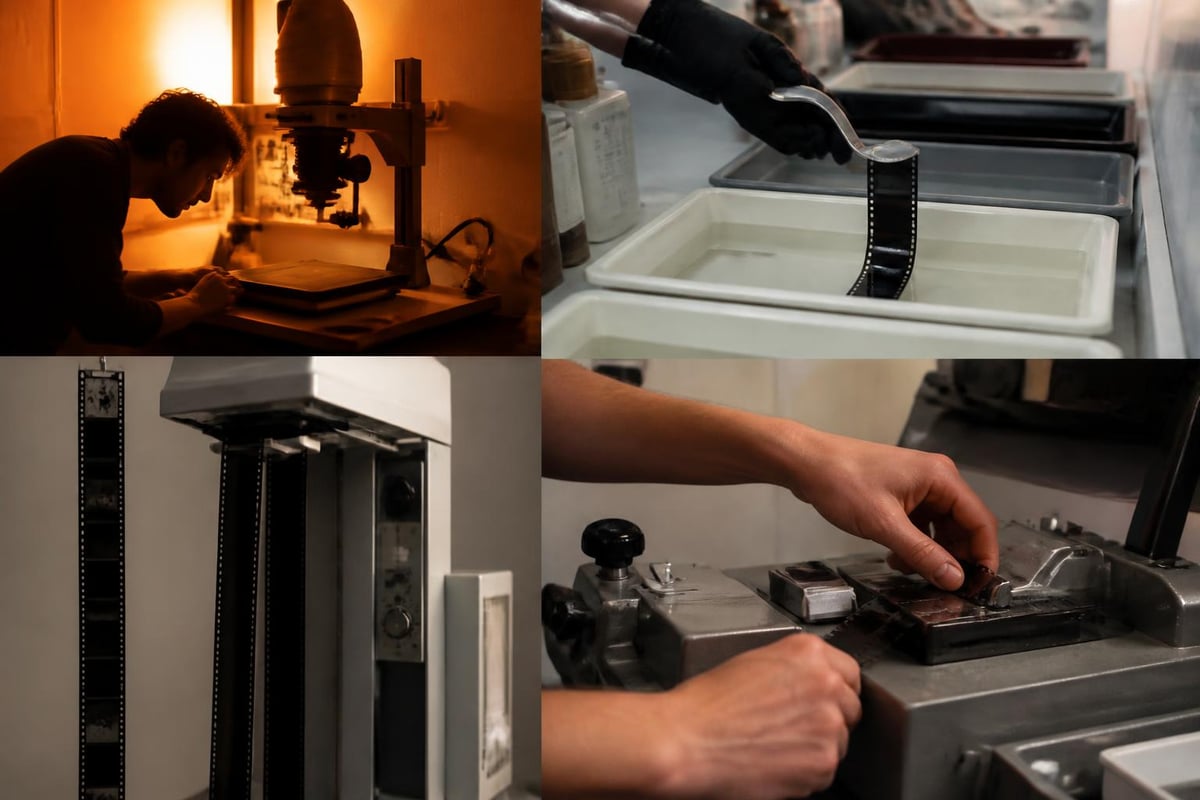 Chemical processing workflow in vintage photo booths