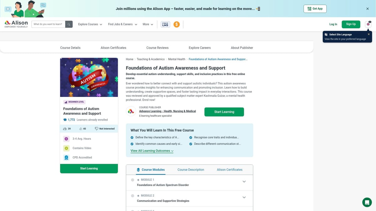 7 Best Mental Health Courses Online to Take in 2026 - Foundations of Autism Awareness and Support (Alison)