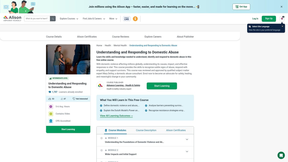 7 Best Mental Health Courses Online to Take in 2026 - Understanding and Responding to Domestic Abuse (Alison)