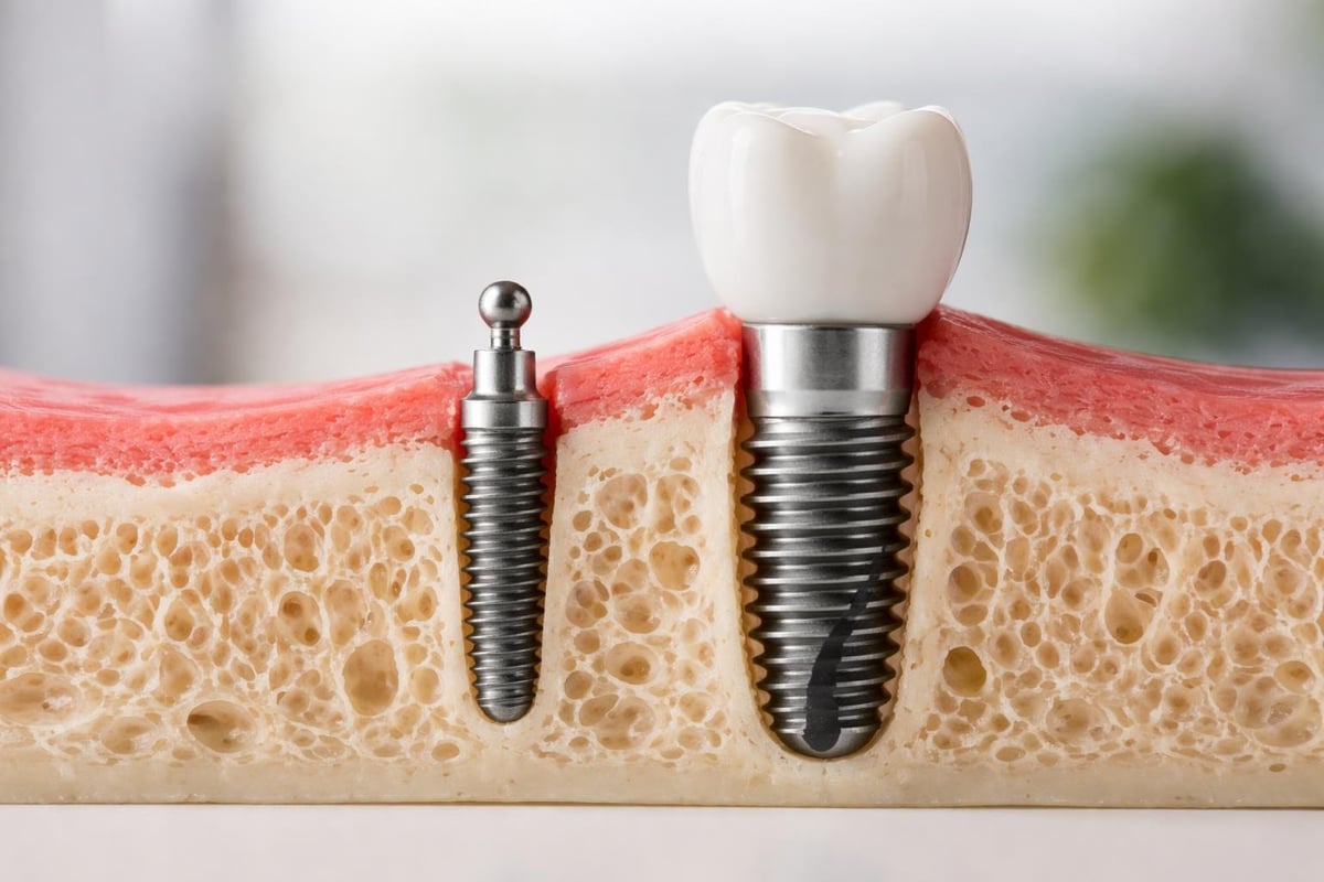 Mini dental implant and traditional implant structural comparison