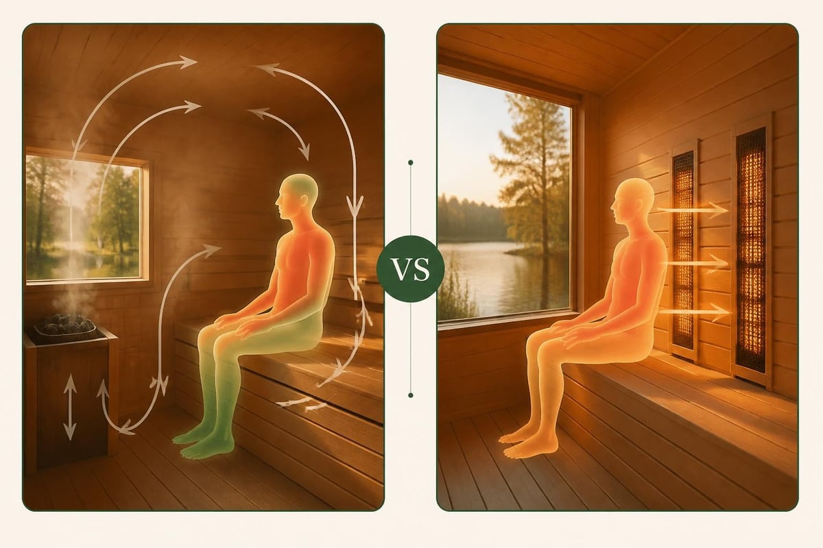 Comparison of traditional sauna heat with stones and steam versus infrared panel heat distribution