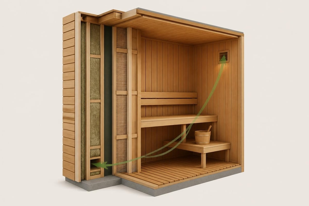 Indoor sauna moisture barrier and ventilation system