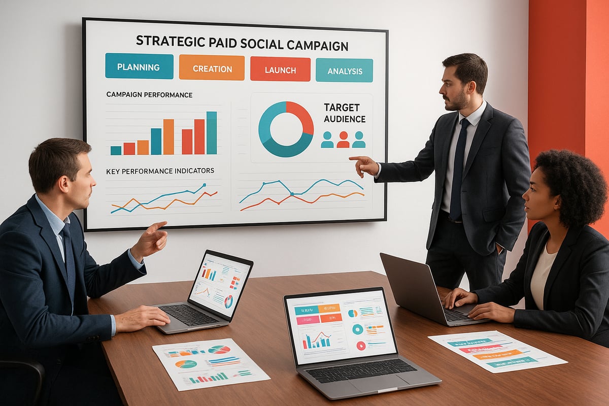 Three business people in a meeting, analyzing data visualizations on a large screen and laptops.