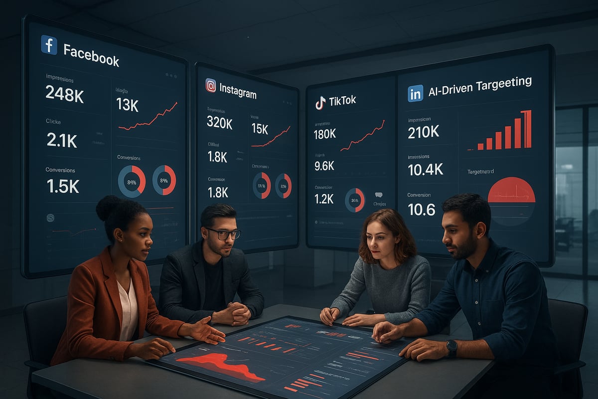 Four people review social media data dashboards in a modern office setting.