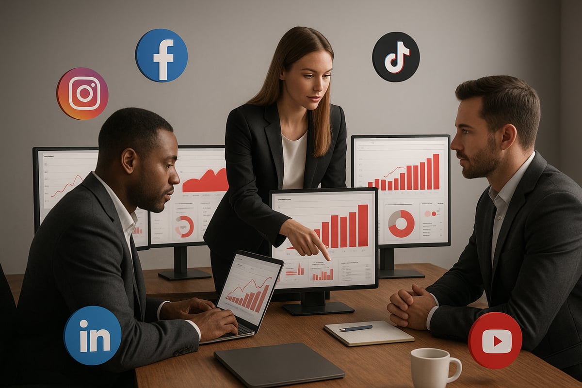 Three businesspeople reviewing data with social media icons, in an office setting.
