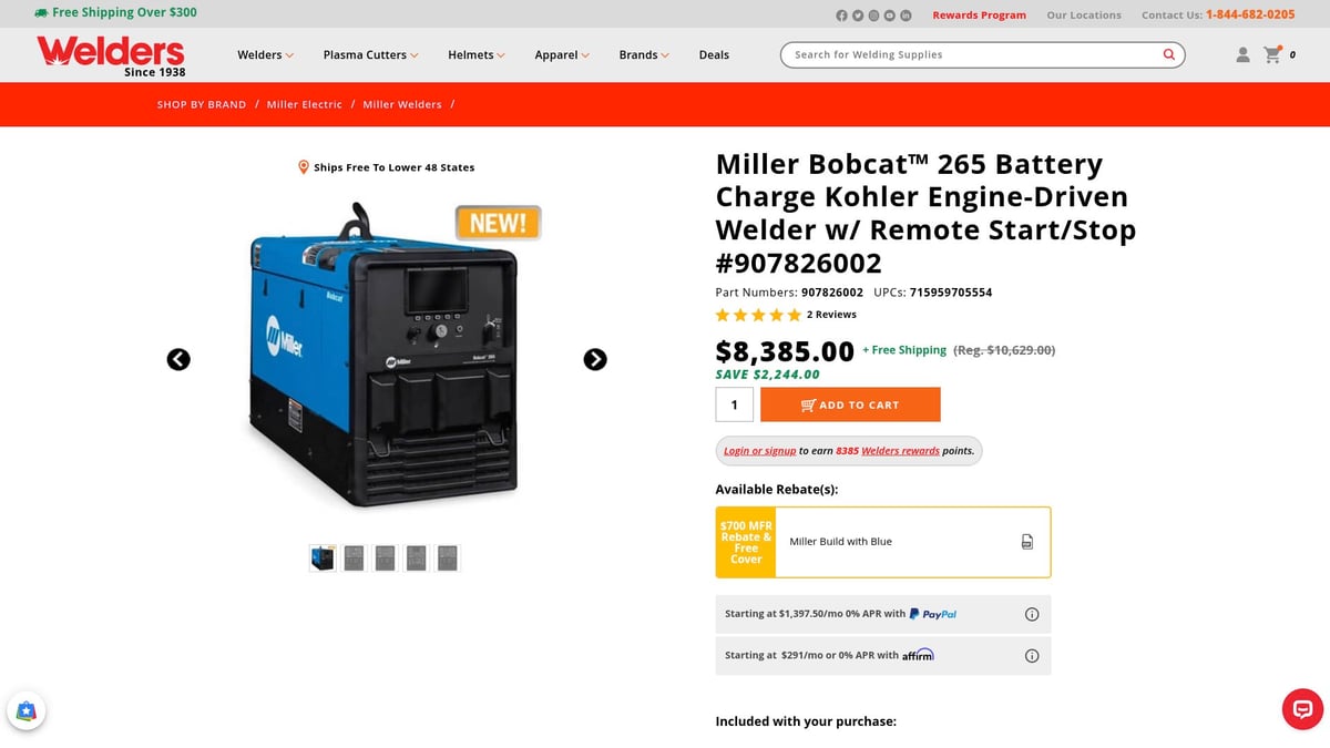 Top 7 Gas Welders for Reliable Performance in 2026 - Miller Bobcat 265 Battery Charge with Remote Start/Stop #907826002
