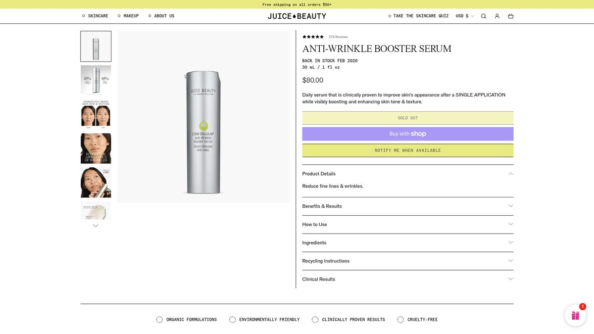 9 Essential Herbal Facial Products to Transform Your Skin in 2026 - Juice Beauty – Stem Cellular Anti-Wrinkle Booster Serum