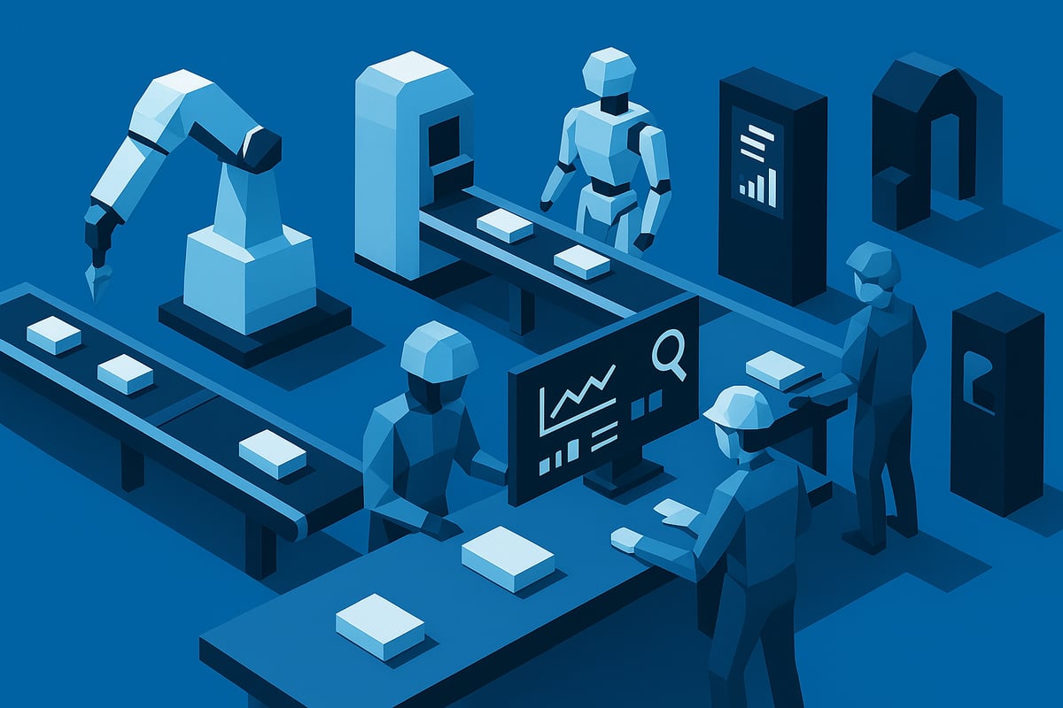 3D low-poly illustration of an industrial manufacturing scene featuring robotic automation, workers analyzing data on screens, and modular production lines, reflecting trends in customization and operational excellence in manufacturing.