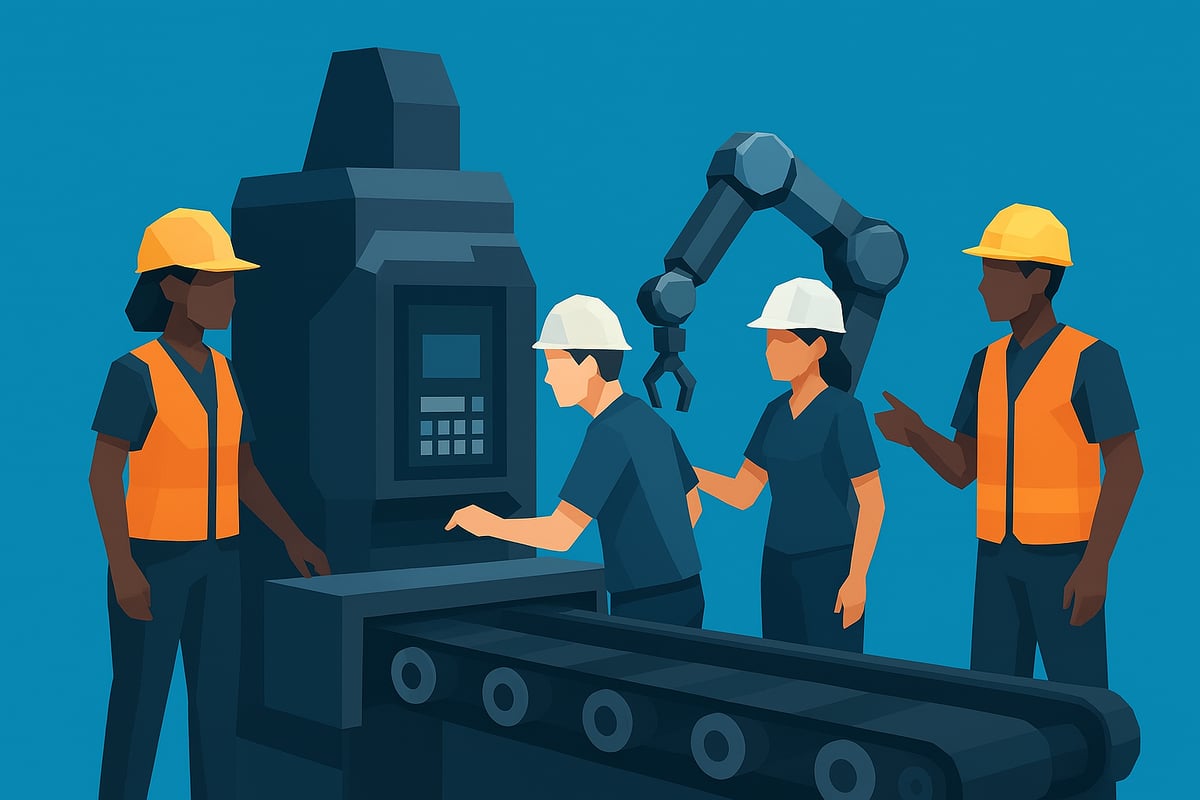 Industrial manufacturing workers operating machinery and collaborating with robotic automation in a modern production environment.