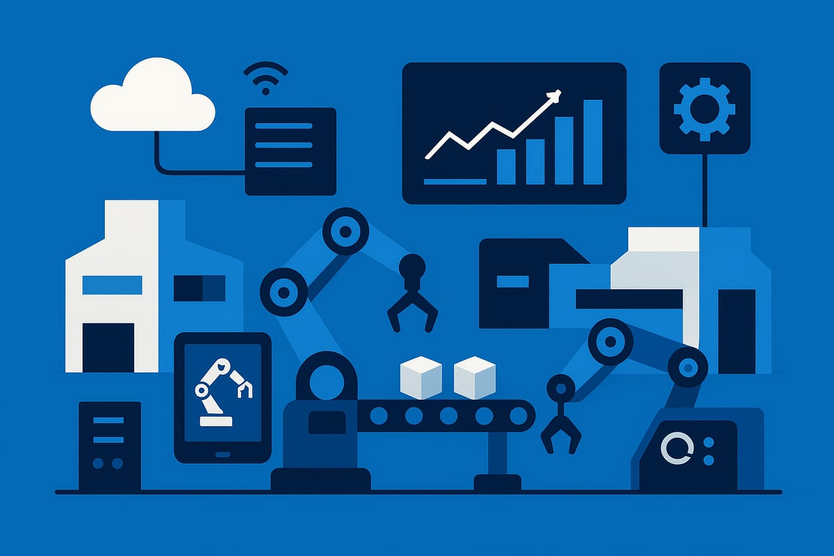 Low-poly illustration of a smart manufacturing environment featuring interconnected systems, robotic arms, cloud computing, data analytics, and automation, emphasizing Industry 4.0 and digital transformation in industrial manufacturing.