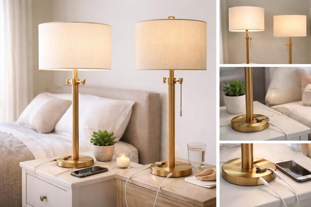 Tall wooden table lamp functional features