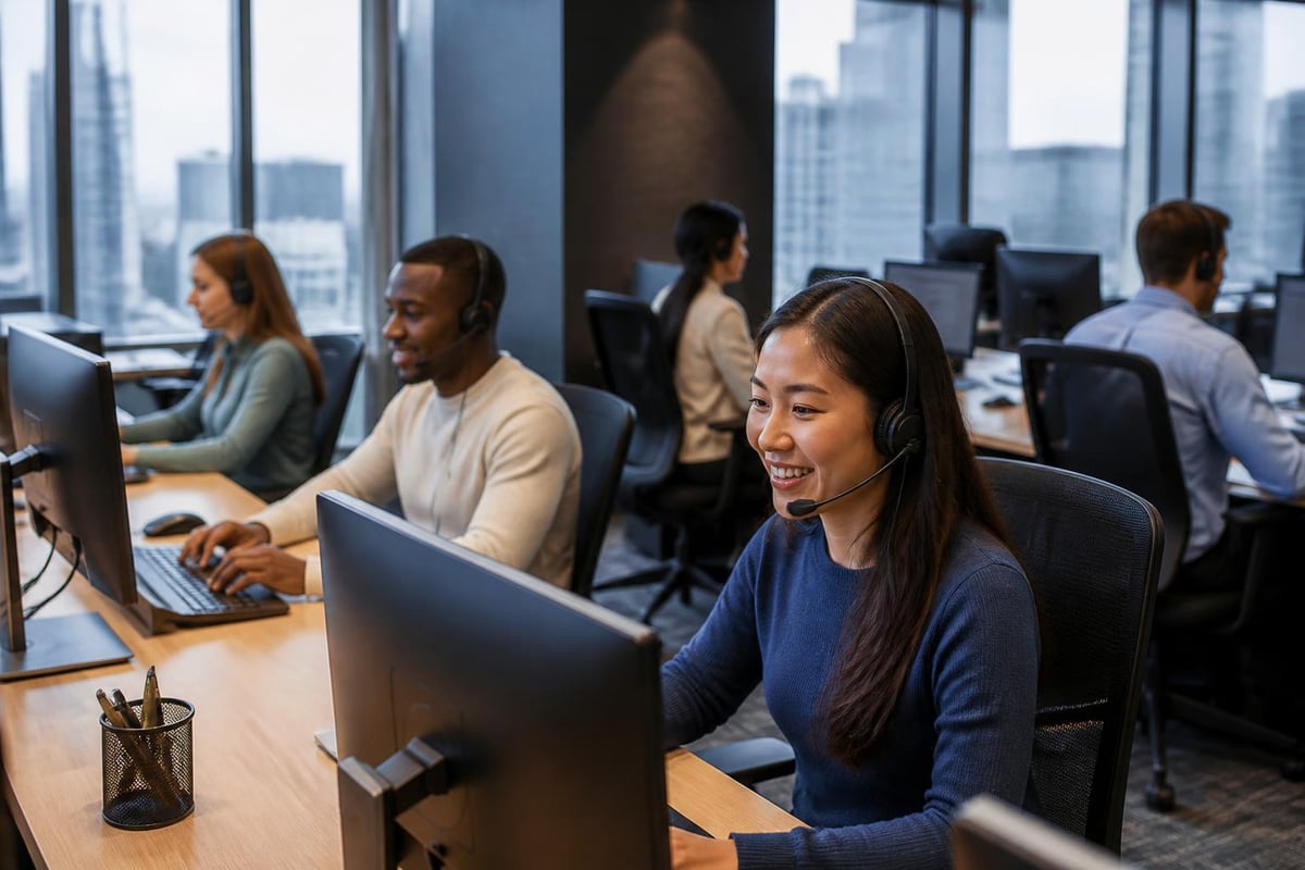 Call center employees providing customer support in a modern office environment, emphasizing teamwork and technology access for outsourcing solutions.