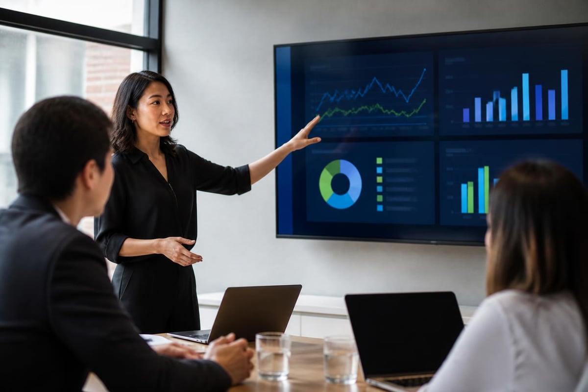 Business meeting with a presenter discussing performance metrics on a screen, featuring charts and graphs related to customer experience outsourcing and quality control.