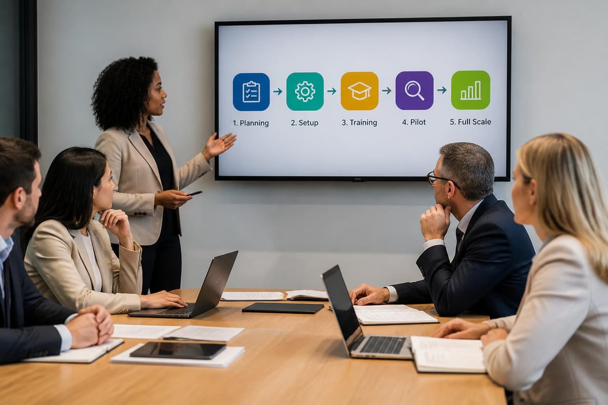 Business meeting with a presenter discussing outsourcing process phases: Planning, Setup, Training, Pilot, and Full Scale, with engaged audience and technology integration focus.