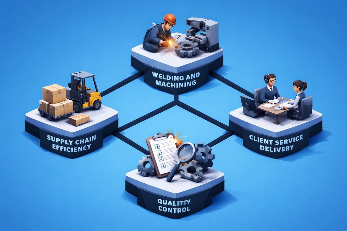 Welding and machining illustration with supply chain efficiency, quality control elements, and client service delivery, emphasizing operational excellence in industrial manufacturing.