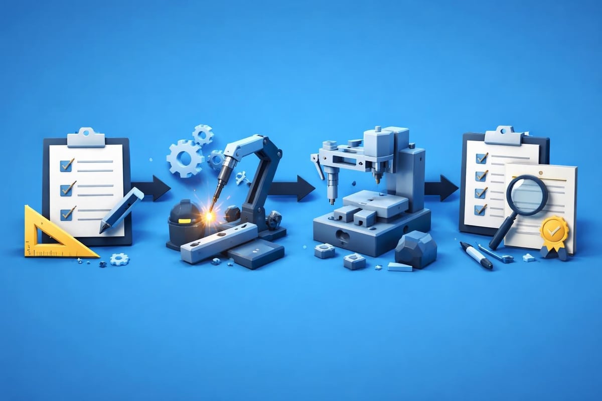 Industrial fabrication tools and equipment, quality checklists, robotic arm, precision machining, and gears illustrating quality systems in manufacturing processes.