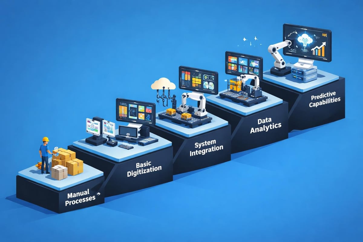 Illustration depicting stages of technology adoption in industrial services, featuring manual processes, basic digitization, system integration, data analytics, and predictive capabilities, with a worker handling packages in front of digital screens.