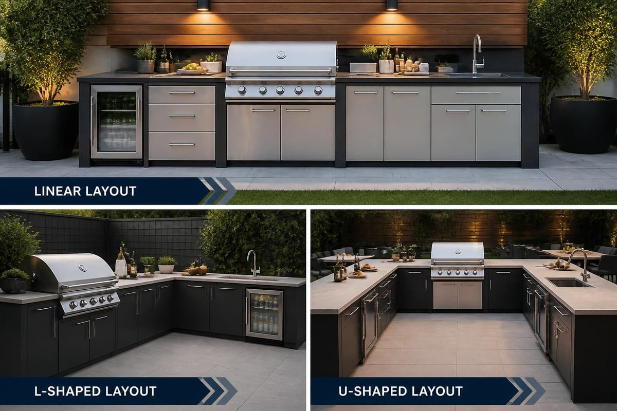 Outdoor kitchen layout configurations