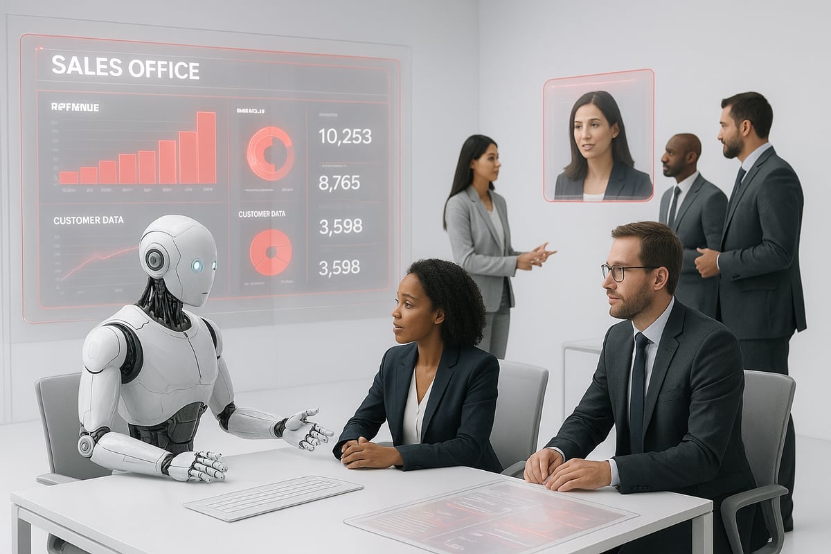 Robot and businesspeople in a sales office meeting, discussing data displayed on a screen.