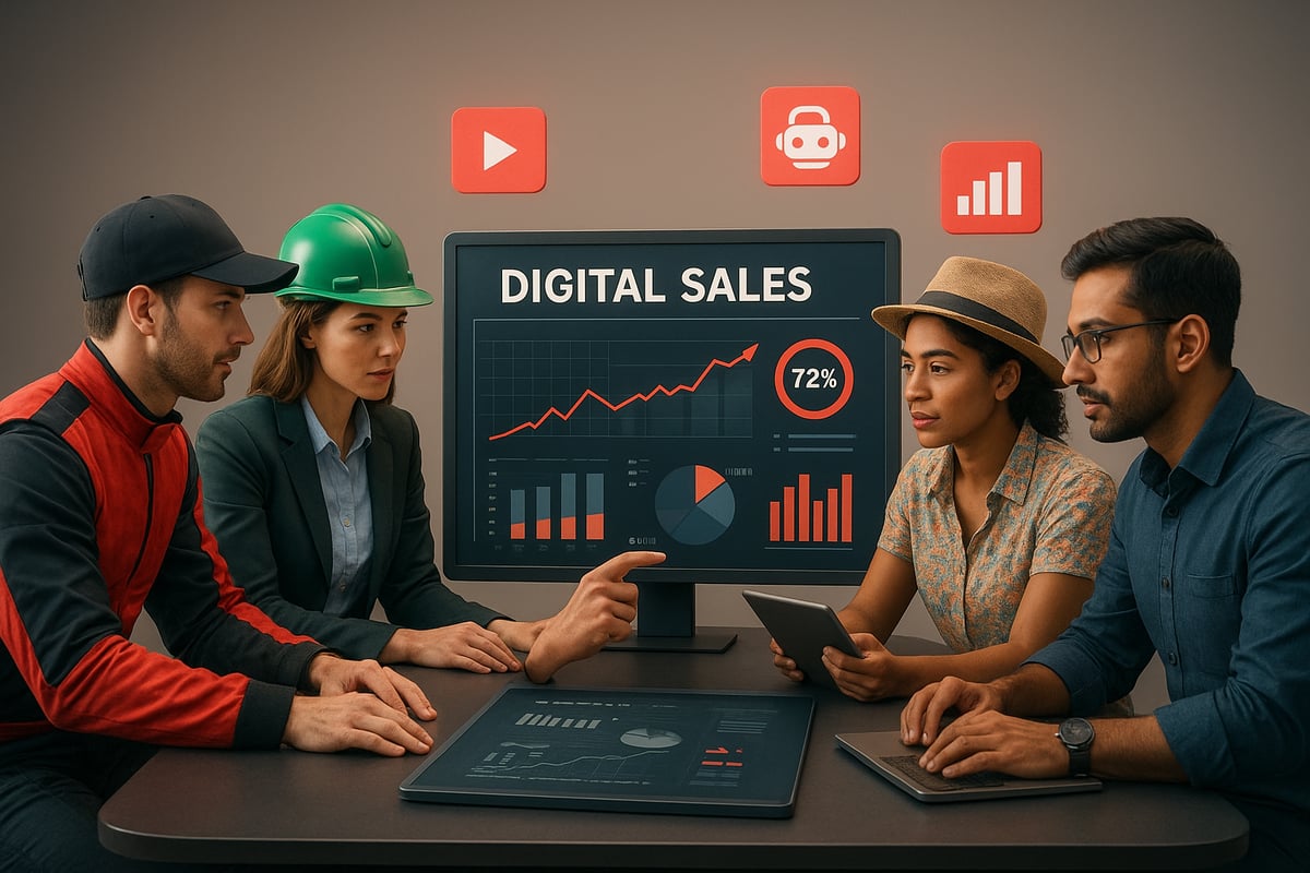 Four people in a meeting, examining digital sales data on a monitor and tablet. Icons for social media are above.
