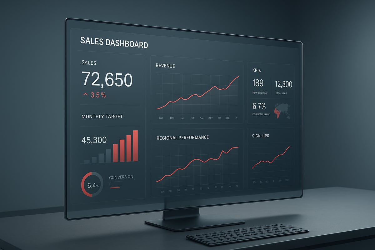 Sales dashboard on a computer screen displaying charts and data, in red and white on a dark background.