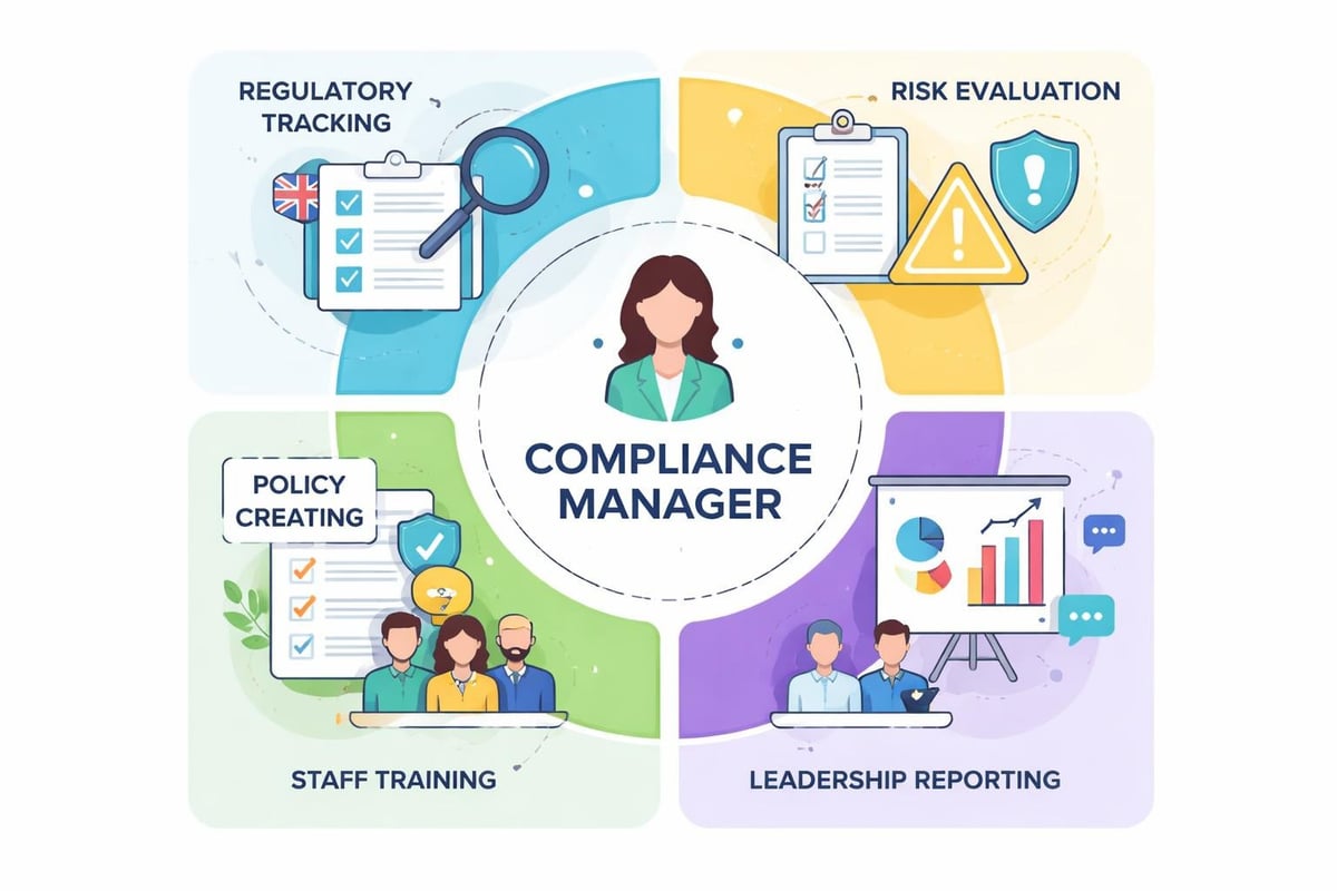 Compliance manager responsibilities mapped across regulatory monitoring, risk assessment, policy development, and stakeholder communication