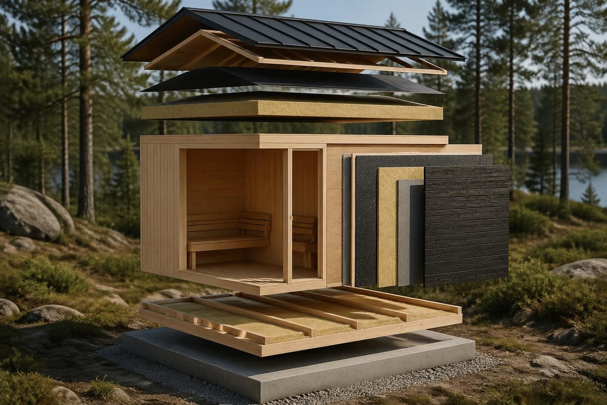 Outdoor sauna cabin weatherproofing layers