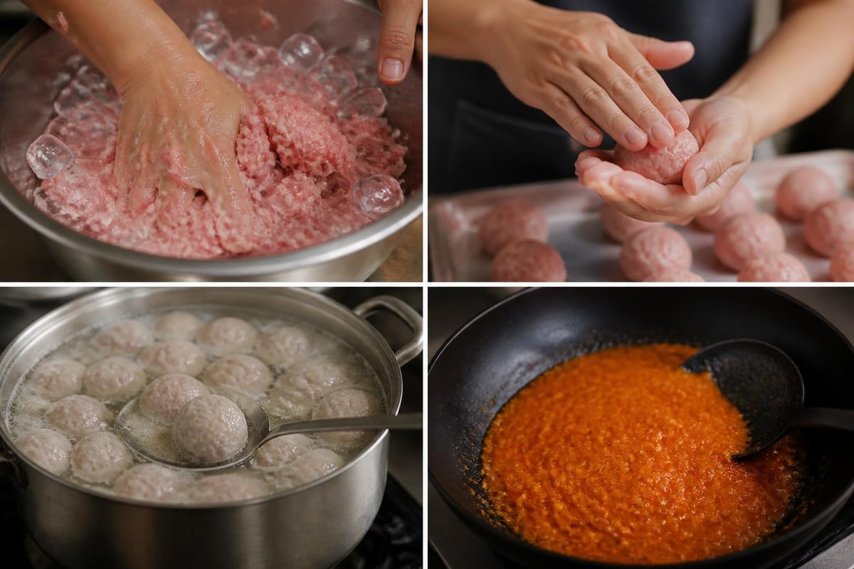 Proses pembuatan bakso merah