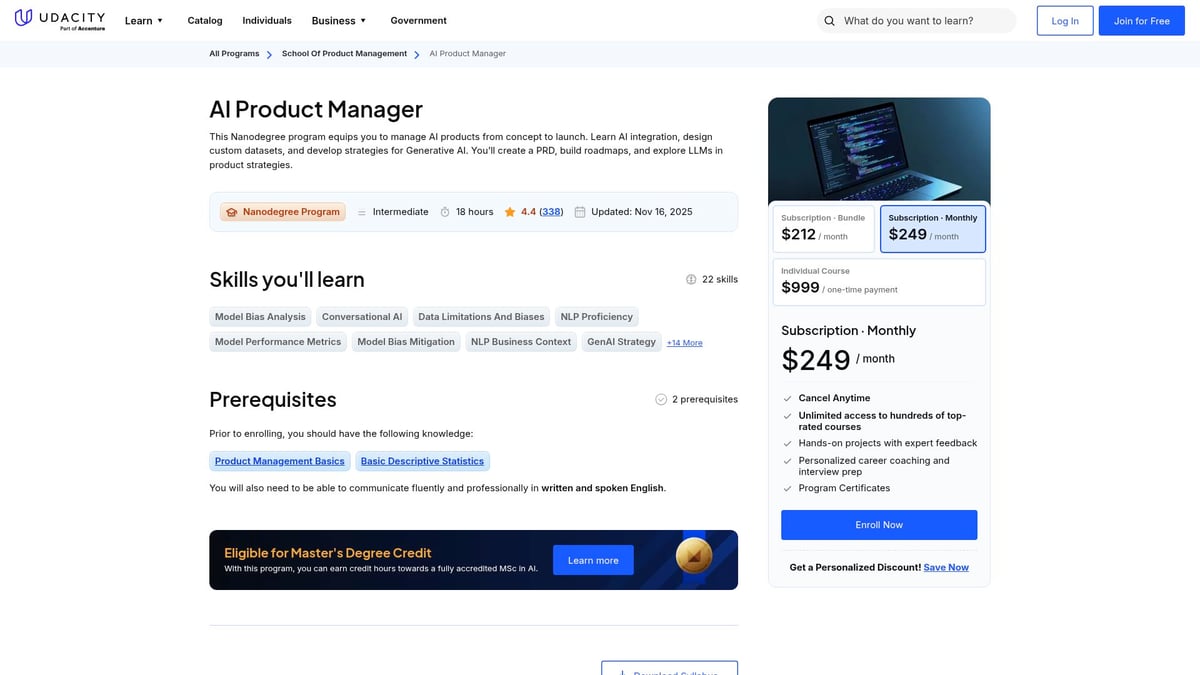 Top 10 AI Management Courses to Boost Your Career in 2026 - AI Product Manager Nanodegree (Udacity)