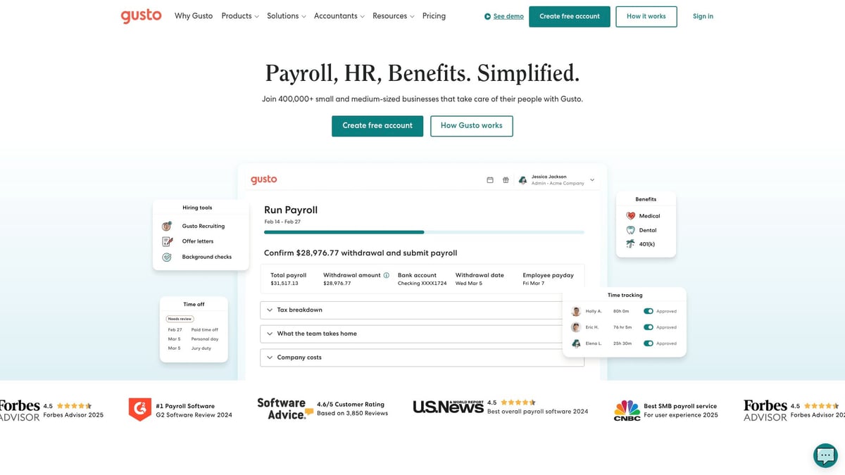 Top 10 HR Software Software Tools for 2025 Success - Gusto – Payroll & HR for SMBs