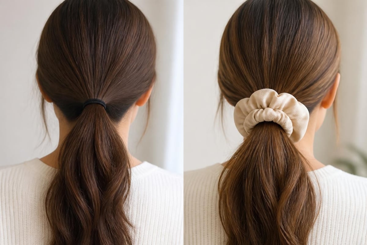 Diagram showing how an oversized scrunchie spreads ponytail tension across a wider band of hair than a thin elastic