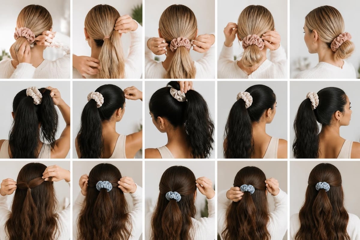 Oversized scrunchie securing a low twisted bun at the nape using the figure-eight wrapping method